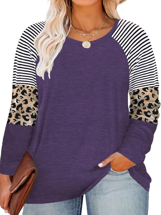 Womens plus Size Tops Long Sleeve Leopard Print Striped Color Block Shirts