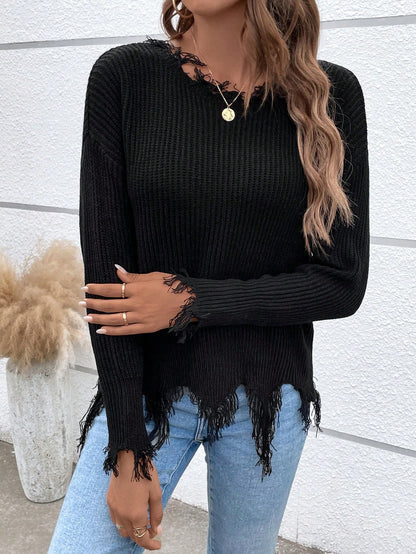 LUNE Drop Shoulder Distressed Fringe Trim Sweater,Long Sleeve Tops