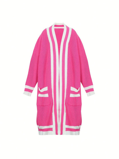 Plus Size Color Block Striped Long Cardigan, Casual for Spring & Autumn