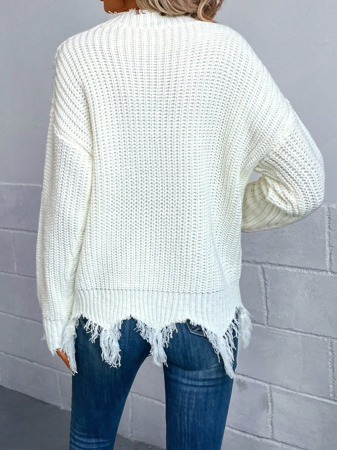 EMERY ROSE Drop Shoulder Distressed Sweater,Long Sleeve Tops Knit Pullover Fall Winter Outfit
