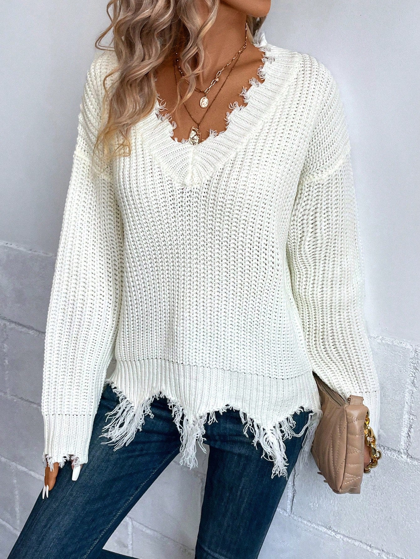 EMERY ROSE Drop Shoulder Distressed Sweater,Long Sleeve Tops Knit Pullover Fall Winter Outfit
