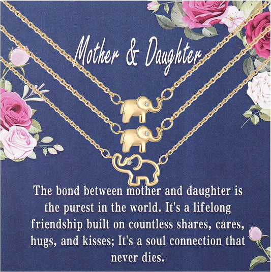 18K Gold Plated Elephant Mother Daughter Necklace Matching Jewelry Set for Women Mom Mommy Grandma Granddaughter Pendant Chain Accessories Stuff Age Birthday Mother'S Day Jewelry Gifts