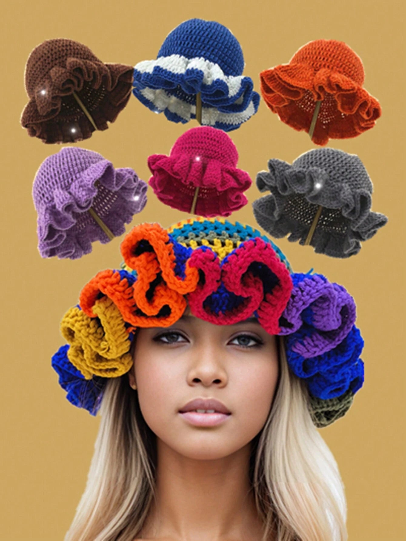 Women'S Autumn/Winter Animal Ear Ruffled Knit Hat, Glasses Ear Warmer Hat, Street Style Fashion Funny Creative Handmade Crochet Beanie, Pleated Ruffle Knit Hat, Colorful Party Beanie, Unisex Couple Hat, Suitable for Daily Wear