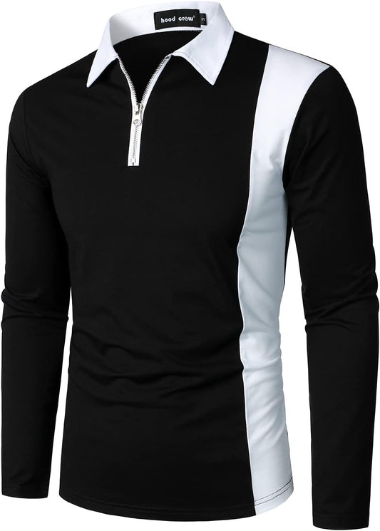 Mens Long Sleeve Polo Shirts Fashion Color Block Zipper T Shirts