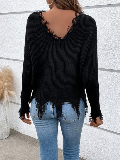 LUNE Drop Shoulder Distressed Fringe Trim Sweater,Long Sleeve Tops