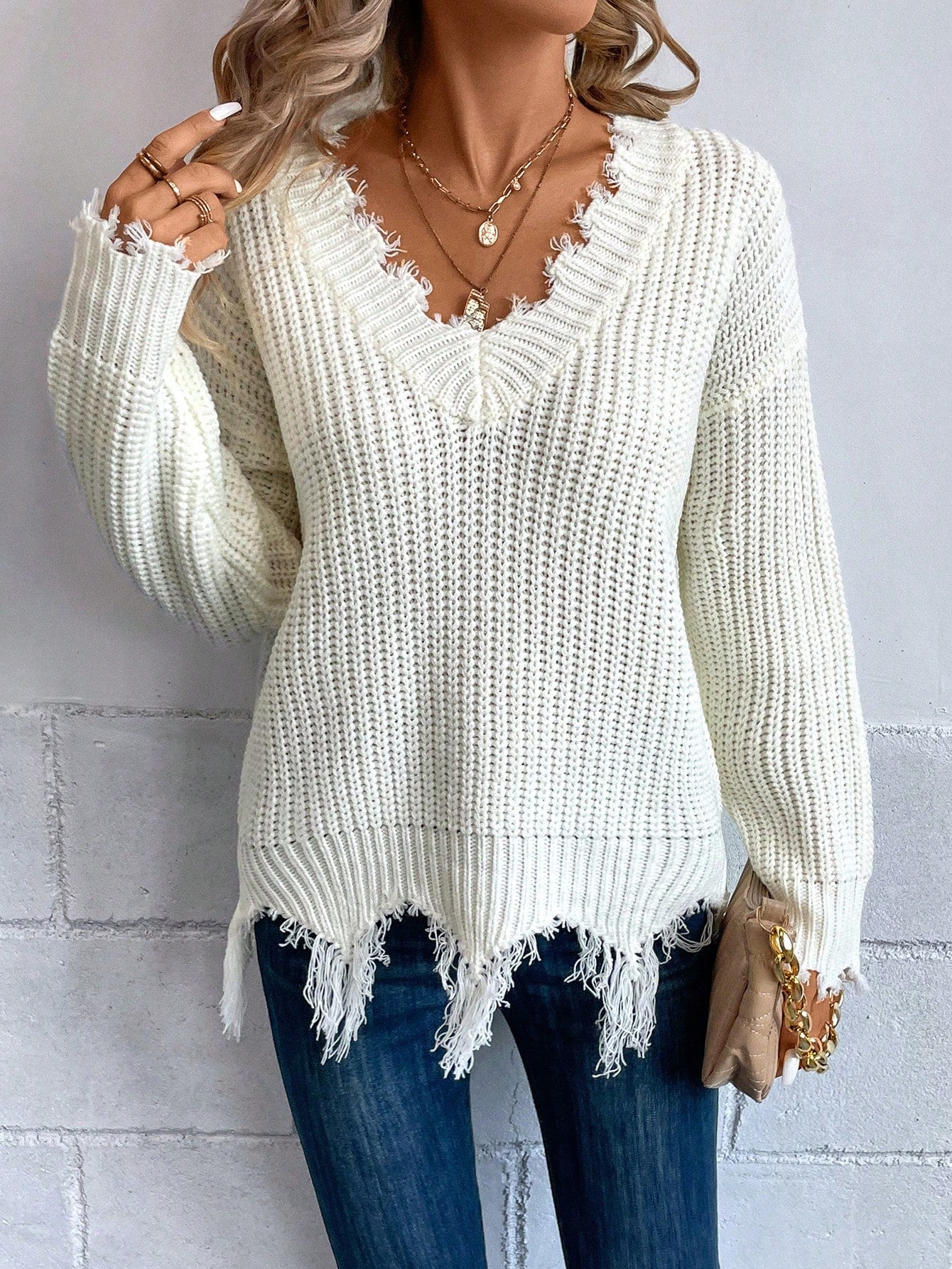EMERY ROSE Drop Shoulder Distressed Sweater,Long Sleeve Tops Knit Pullover Fall Winter Outfit