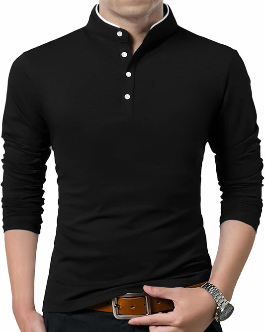 Men Casual Long Sleeve Polo Shirts Mandarin Collared Slim Fit Fashion Cotton Tops