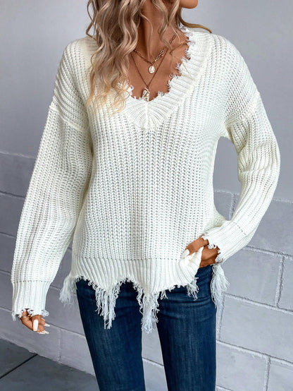 EMERY ROSE Drop Shoulder Distressed Sweater,Long Sleeve Tops Knit Pullover Fall Winter Outfit