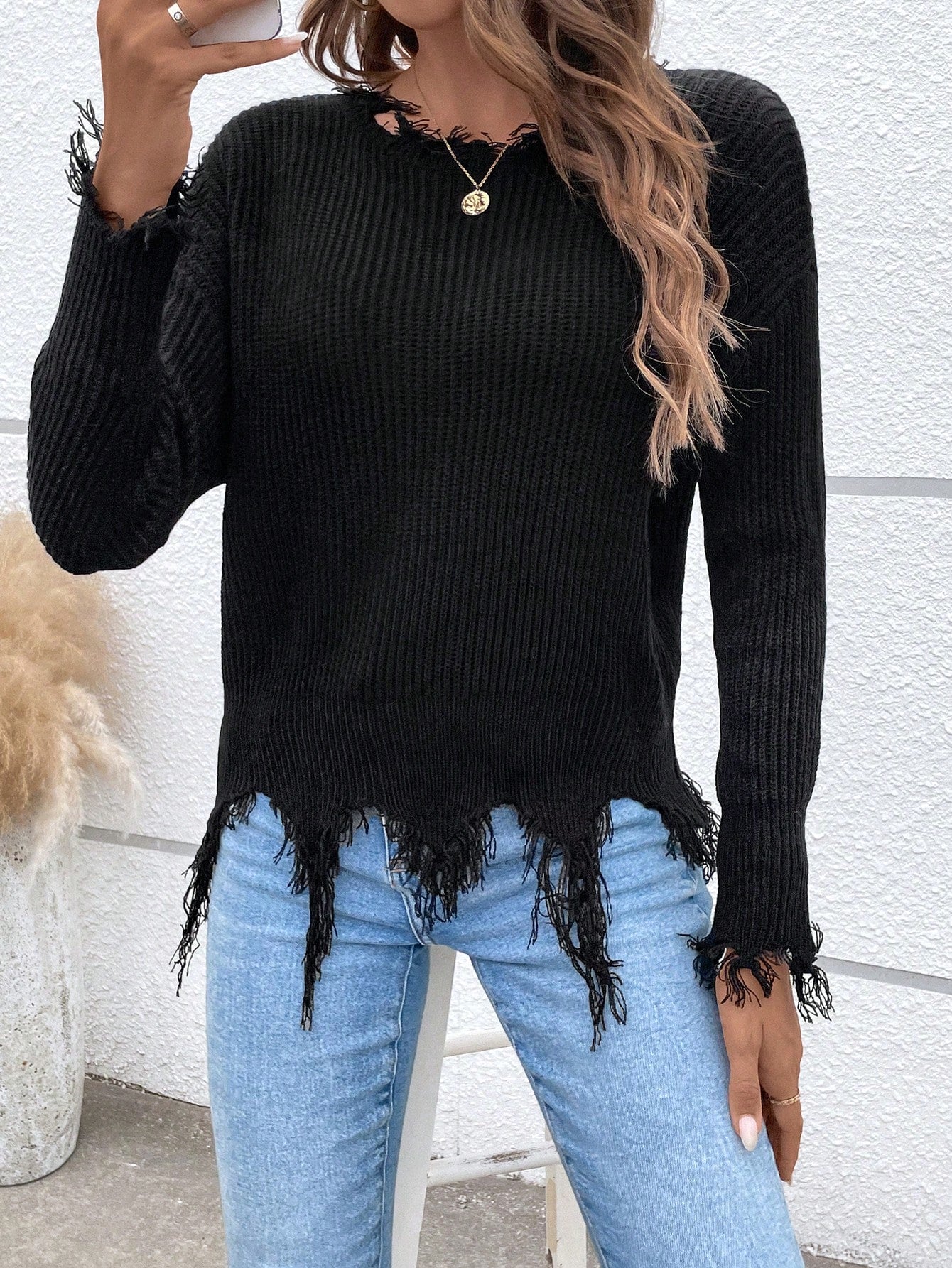 LUNE Drop Shoulder Distressed Fringe Trim Sweater,Long Sleeve Tops