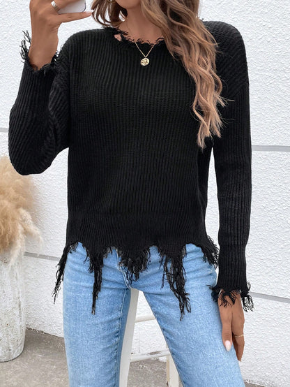 LUNE Drop Shoulder Distressed Fringe Trim Sweater,Long Sleeve Tops