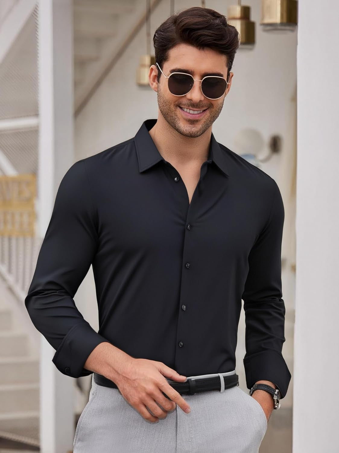 Mens Dress Shirt Wrinkle Free Moisture Wicking 4-Way High Stretch Super Soft Casual Button down Shirts